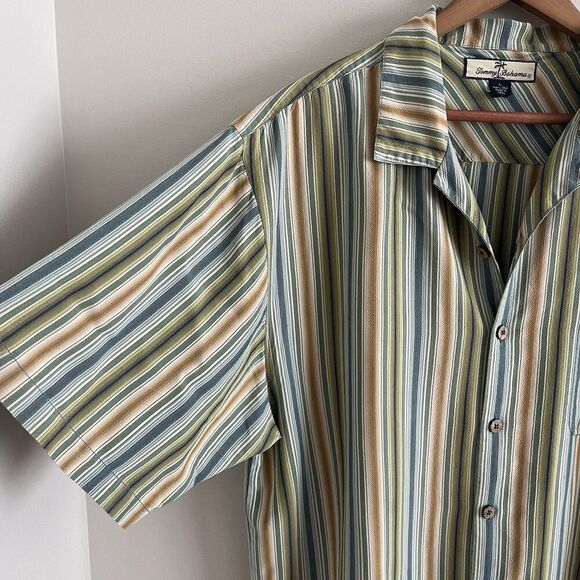 Tommy Bahama Silk Shirt L Vertical Stripe Wooden Buttons Resort Retro 90s - Picture 9 of 12